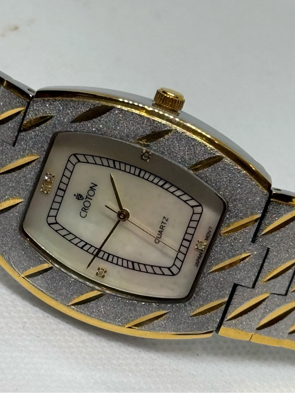 Croton Two-Tone Gold and Silver Rectangular Mother-of-Pearl CZ Diamonds Watch